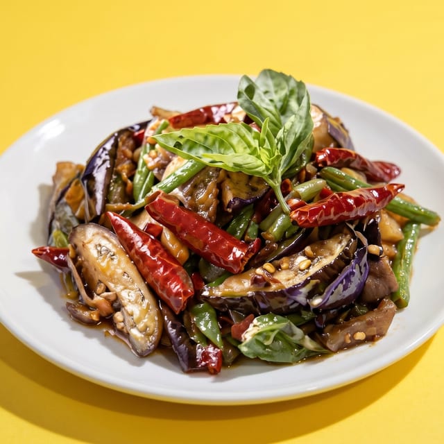 Spicy Eggplant with Basil Leaves.